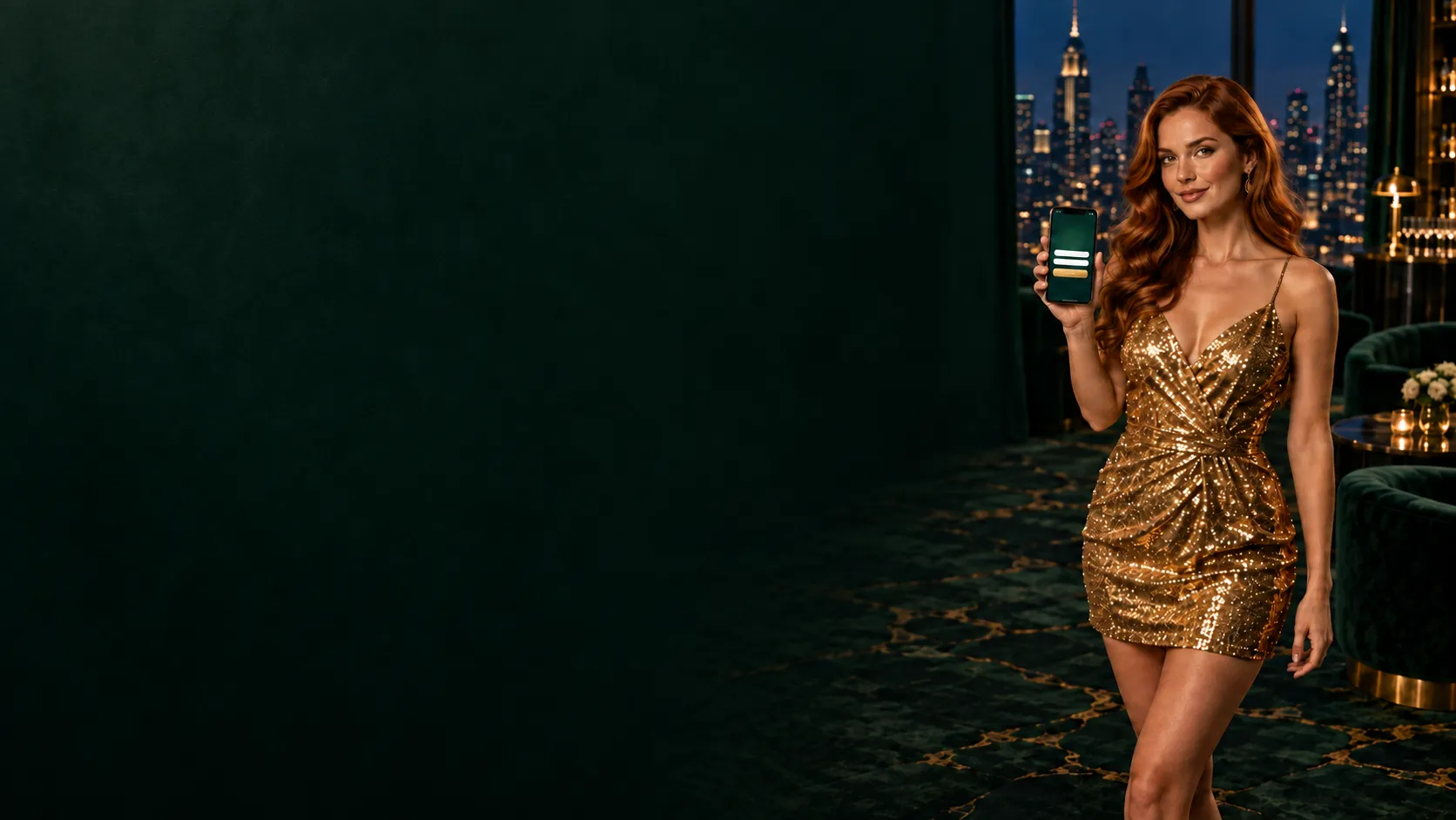 Woman checking a smartphone at a velvet-draped lounge table, standing in for quick questions about Here2Win Casino