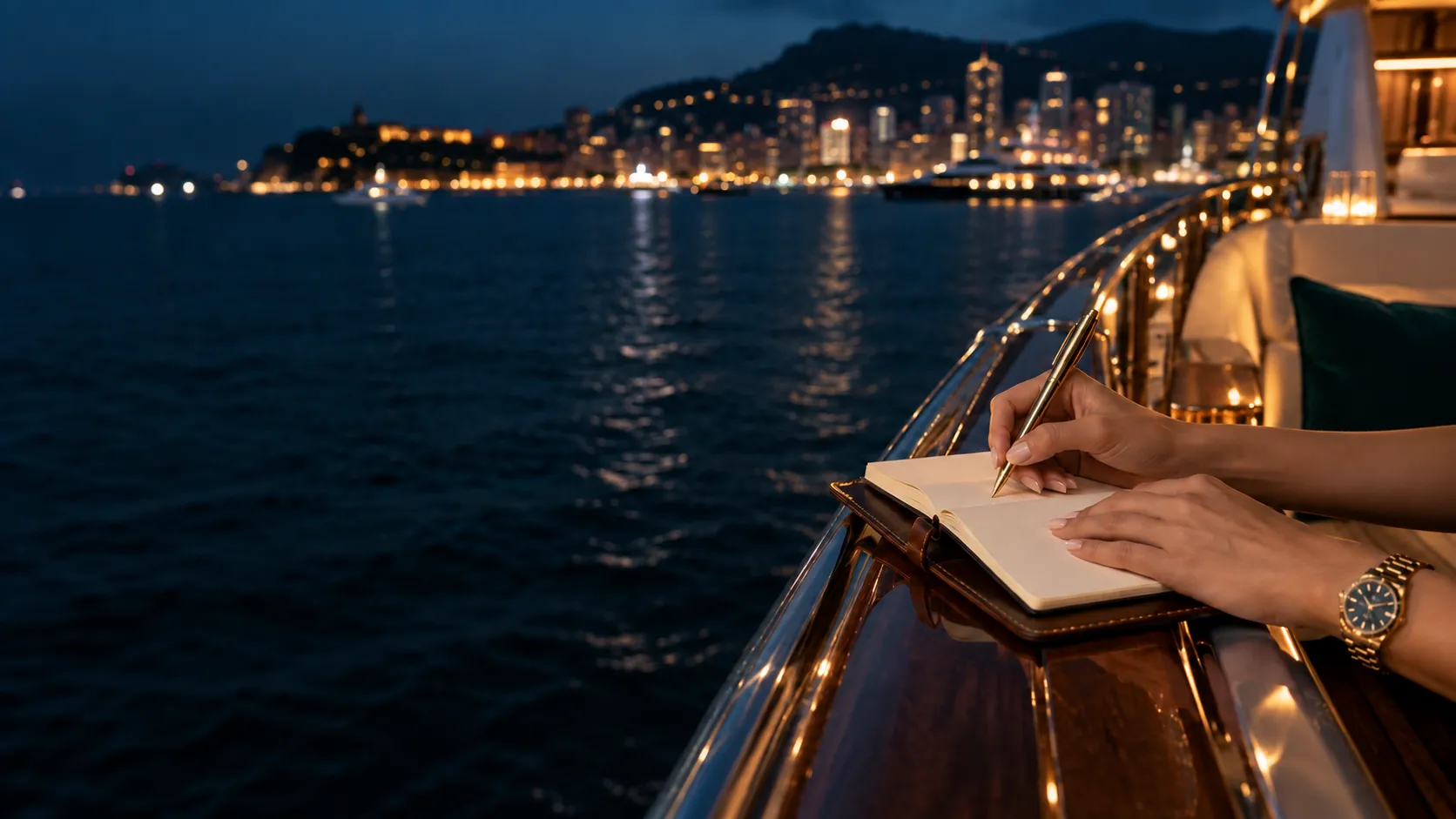Hands writing notes in a leather notebook aboard a yacht at night, for this Here2Win Casino review
