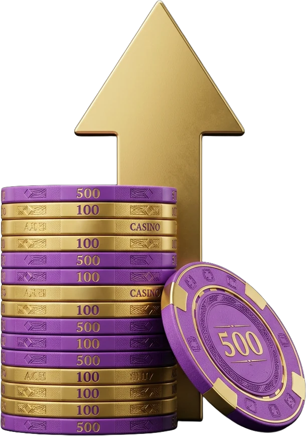 A stack of purple-and-gold casino chips standing in for a matched bonus balance