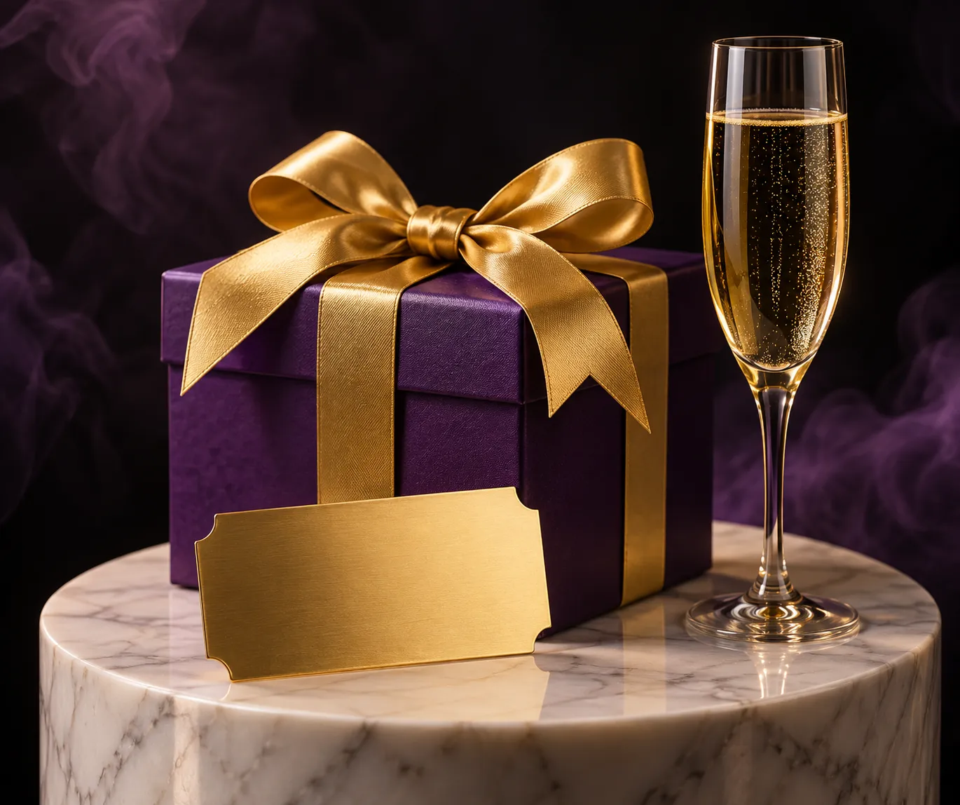 A wrapped gift and ticket resting on a pedestal, standing in for a claimed bonus step