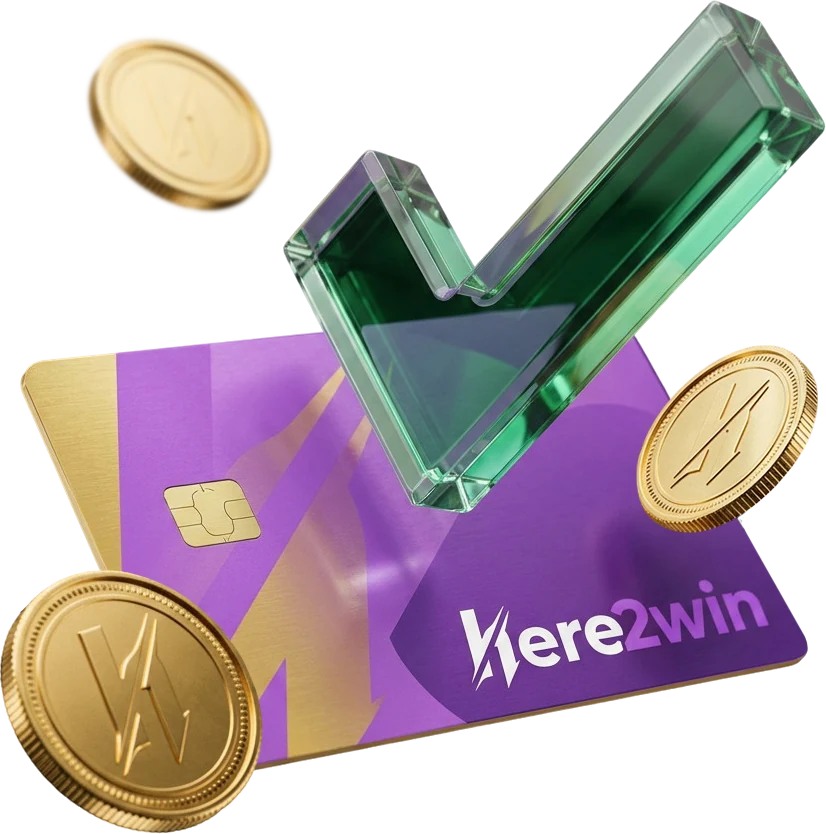 Purple-and-gold Here2Win branded card, representing the account you set up once and use every time