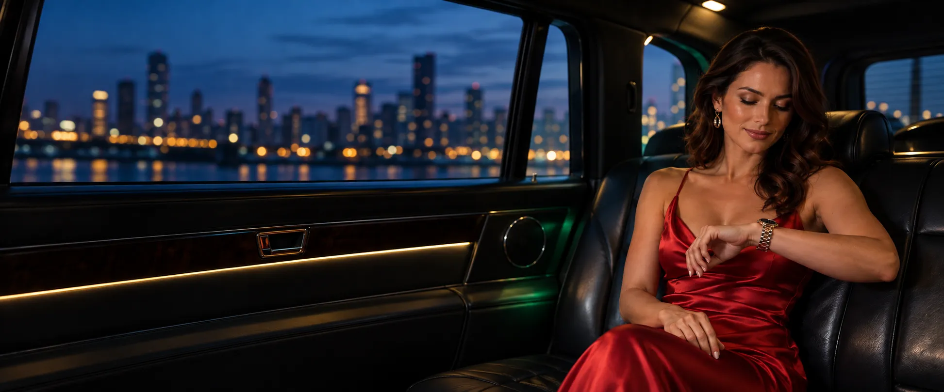 Woman calmly checking a wristwatch in the back of a limousine