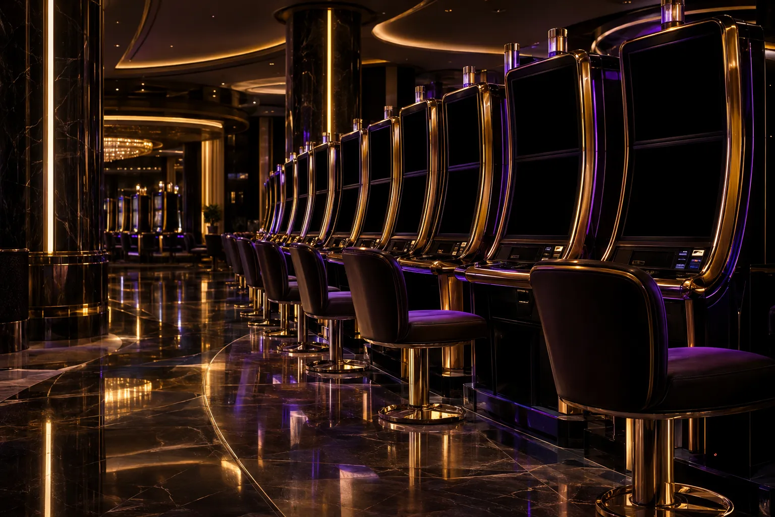 Rows of glowing slot cabinets across a casino floor