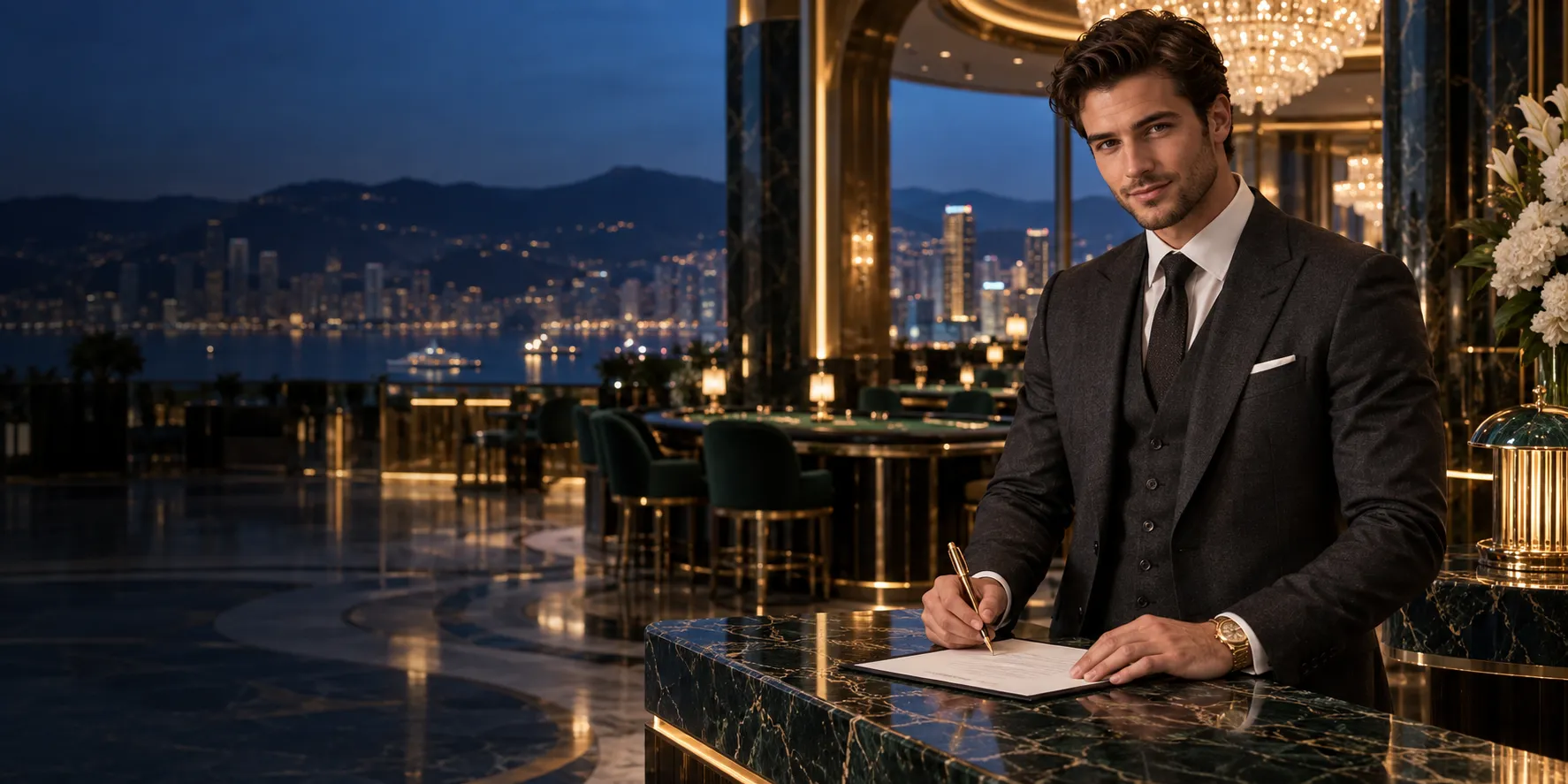 Man holding a fountain pen over a document in a crystal-lit atrium