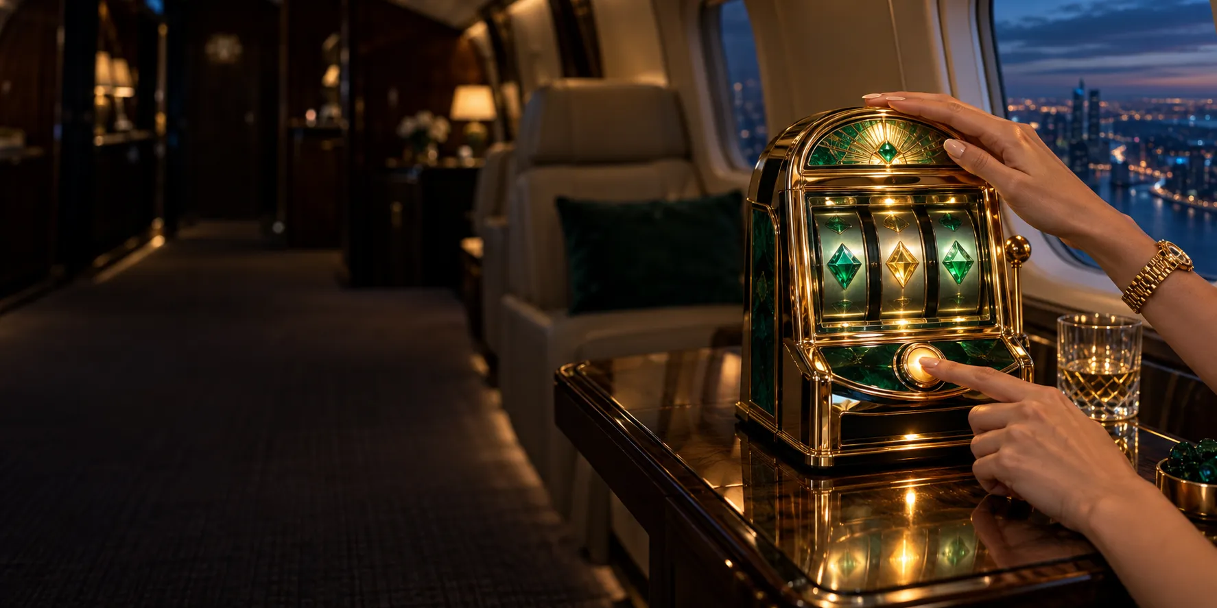 Hands pressing a small gold jackpot machine aboard a private jet, previewing the slots covered in this guide