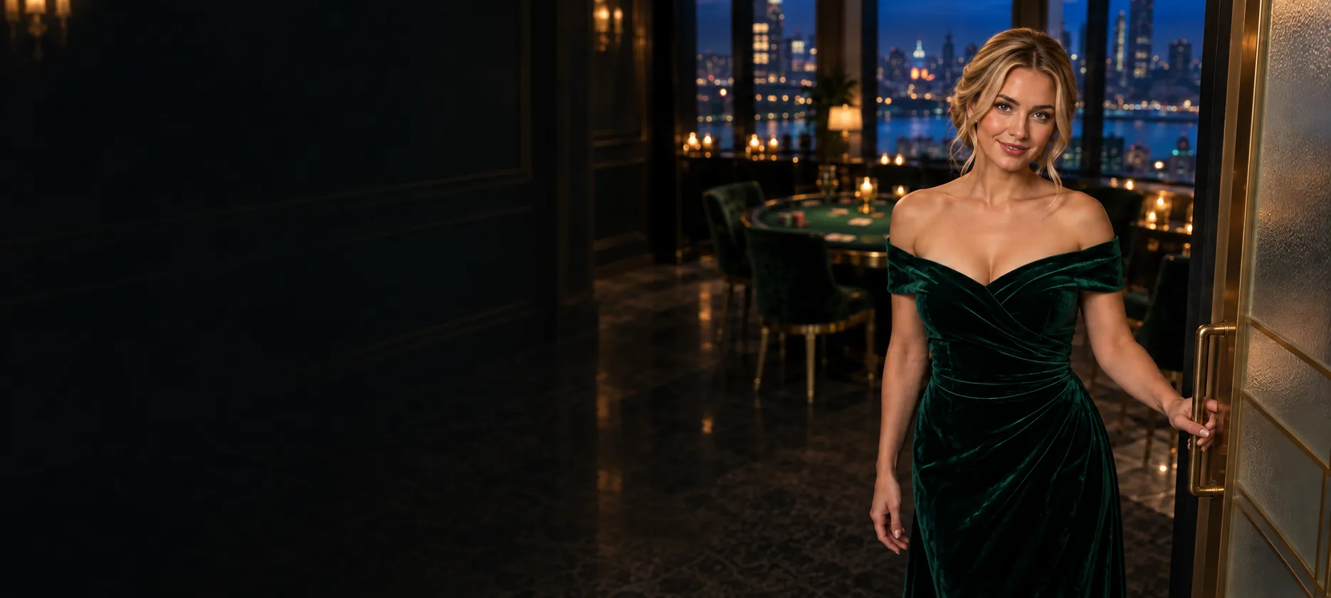 Woman beside a frosted glass door in a candlelit card room, the scene for this guide's privacy page