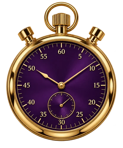 Pocket stopwatch with a purple dial and gold case, standing in for a timed reload window